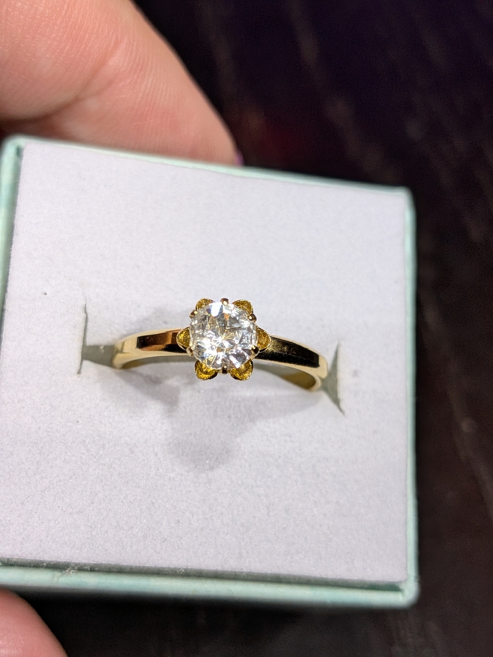 Gold Solitaire Flower-Setting Ring with Clear Stone - Unbranded